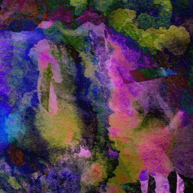 Mor, mavi, yeşil, sarı ve kırmızı renklerin karışık suluboya tonlarıyla desen.