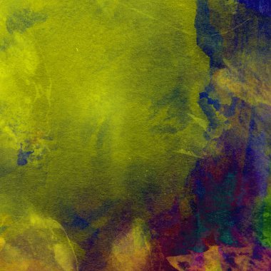 Karışık menekşe, sarı, mavi ve yeşil renklerde suluboya boya ile yapılan yaratıcı soyut arkaplan.