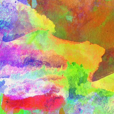 Mor, mavi, yeşil, sarı ve kırmızı renklerin karışık suluboya tonlarıyla desen.