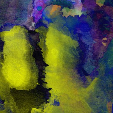 Grunge arkaplanı mor, sarı, yeşil ve mavi renklerde sulu boya ile çizilmiş..