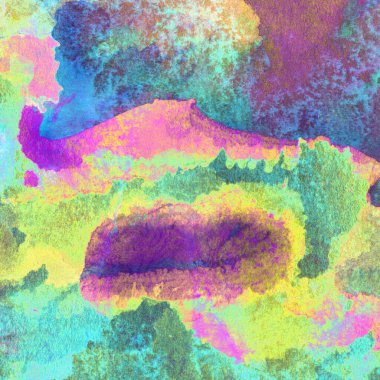 Grunge arkaplanı mor, sarı, yeşil ve mavi renklerde sulu boya ile çizilmiş..