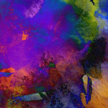 Mor, mavi, yeşil, sarı ve kırmızı renklerin karışık suluboya tonlarıyla desen.