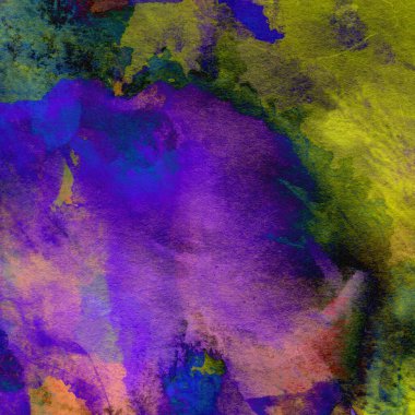 Grunge arkaplanı mor, sarı, yeşil ve mavi renklerde sulu boya ile çizilmiş..