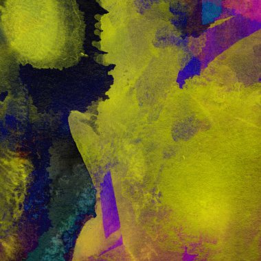 Grunge arkaplanı mor, sarı, yeşil ve mavi renklerde sulu boya ile çizilmiş..