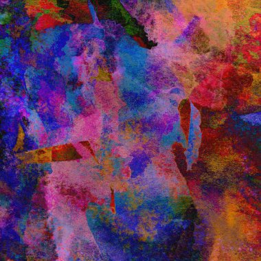 Mor, mavi, yeşil, sarı ve kırmızı renklerin karışık suluboya tonlarıyla desen.