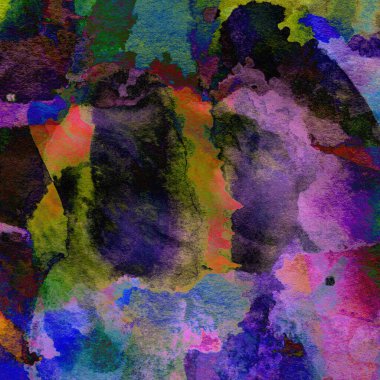 Mor, mavi, yeşil, sarı ve kırmızı renklerin karışık suluboya tonlarıyla desen.