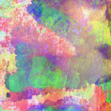 Mor, mavi, yeşil, sarı ve kırmızı renklerin karışık suluboya tonlarıyla desen.
