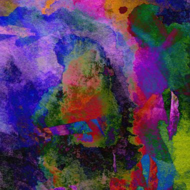 Mor, mavi, yeşil, sarı ve kırmızı renklerin karışık suluboya tonlarıyla desen.