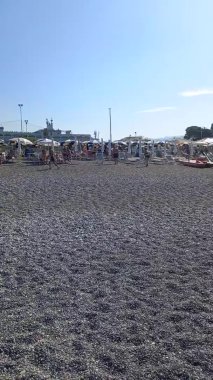 Bir grup genç, çakıl taşı plajında eğleniyor.