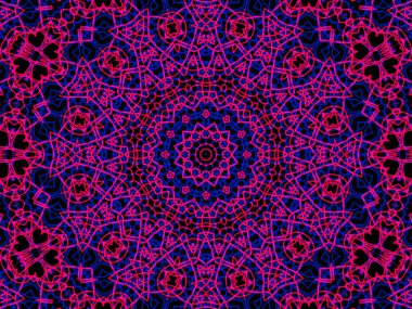 Siyah arka planda soyut pembe ve mavi mandala. Eşsiz kaleydoskopik tasarım. 