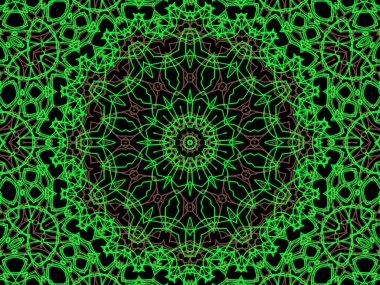 Siyah arka planda soyut yeşil ve kahverengi mandala. Eşsiz kaleydoskopik tasarım. 