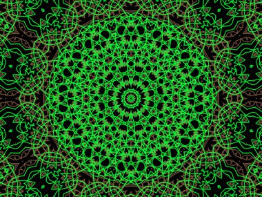 Siyah arka planda soyut yeşil ve kahverengi mandala. Eşsiz kaleydoskopik tasarım. 