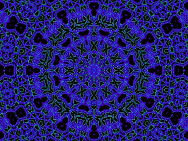 Siyah arka planda soyut mavi ve yeşil mandala. Eşsiz kaleydoskopik tasarım. 