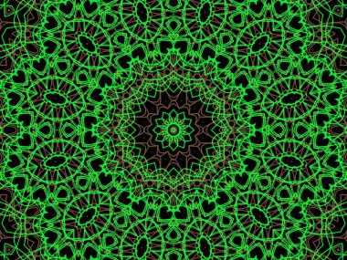 Siyah arka planda soyut yeşil ve kahverengi mandala. Eşsiz kaleydoskopik tasarım. 