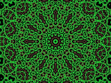 Siyah arka planda soyut yeşil ve kahverengi mandala. Eşsiz kaleydoskopik tasarım. 