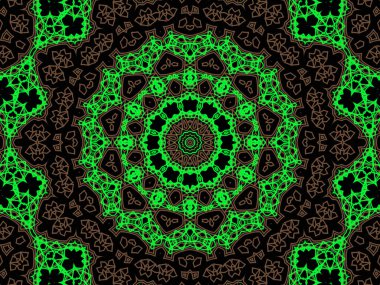 Siyah arka planda soyut yeşil ve kahverengi mandala. Eşsiz kaleydoskopik tasarım. 