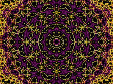 Siyah arka planda soyut sarı ve mor mandala. Eşsiz kaleydoskopik tasarım. 