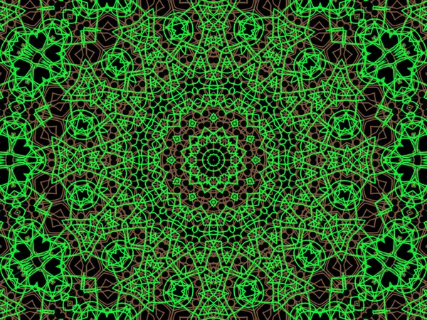 Siyah arka planda soyut yeşil ve kahverengi mandala. Eşsiz kaleydoskopik tasarım. 