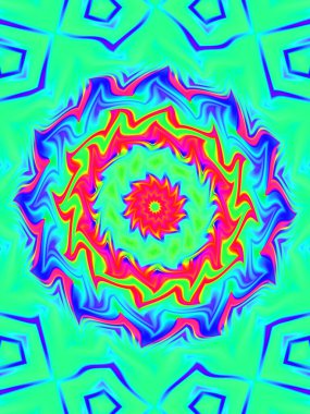 Neon parıldayan geometrik mandala fantezi fraktal. Mandala grafik tasarımı.
