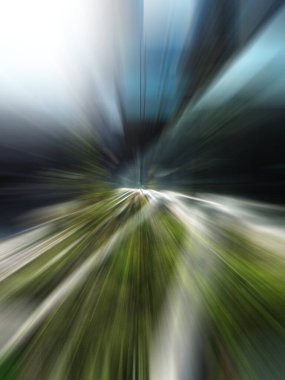 Şehir binaları ve mimarisinin hızlı hareket bulanıklığı, bulanık hareket arkaplan kavramı.