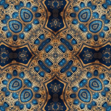 Mandalalar, mavi ve altın elementlerle kusursuz desen. El çizimi vektör illüstrasyonu.