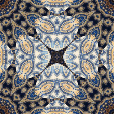 Mavi çiçekli kusursuz desen. mandala kaleyidoscope arkaplan illüstrasyonu.