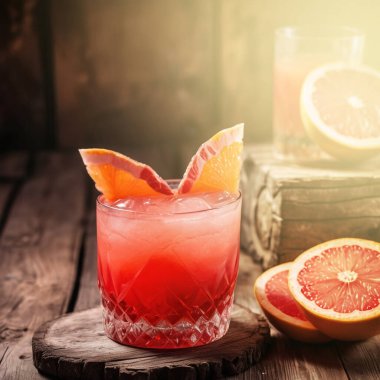 Eski ahşap masada turuncu ve greyfurtlu taze kırmızı kokteyl.