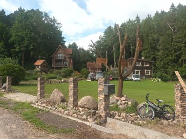 Ağaçlar ve bitkilerle çevrili güzel bir ev.