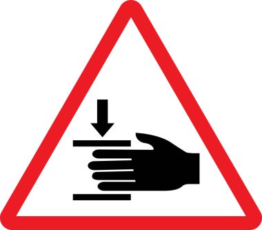 El çarpması uyarısı. İçerideki basınç yaralanma riski var. Kırmızı üçgen arka plan. Dikkat işaretleri ve semboller.