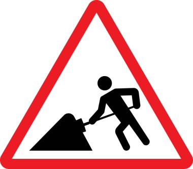 Yol yapım uyarısı. Kırmızı üçgen arka plan. Dikkat işaretleri ve semboller.