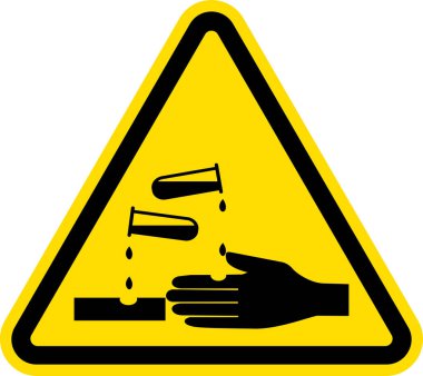 Kimyasal tehlike aşındırıcı uyarı işareti. Sarı arka planda siyah. Güvenlik işaretleri ve sembolleri.