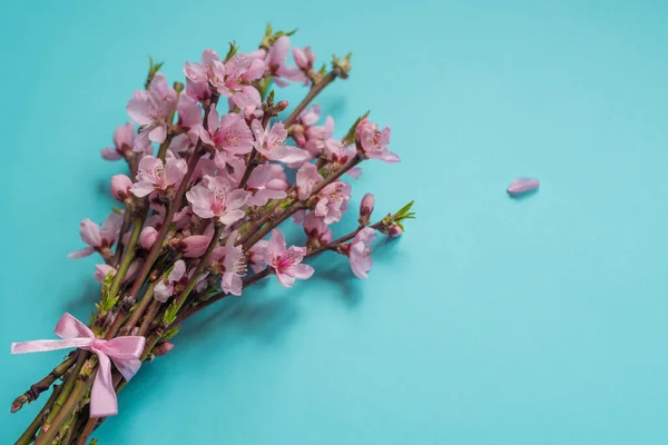 Spring bouquet. Greeting card spring flowers. Branches with flowers on a blue background