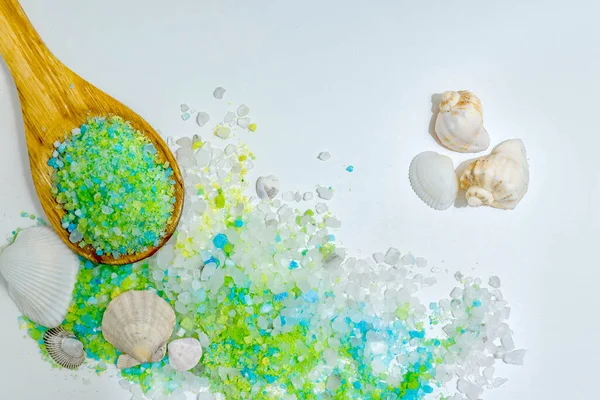 Background of shells and sea salt. Marine background with seashells. Sea salt crystals with sea shells
