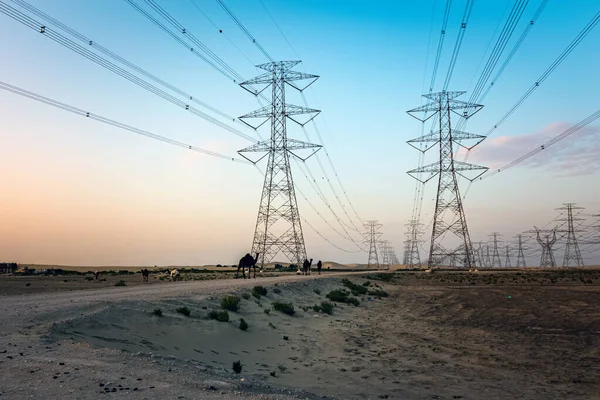 Högspänning Ett Elektriskt Torn Solnedgången Tid Nära Hofuf Desert Saudiarabien — Stockfoto