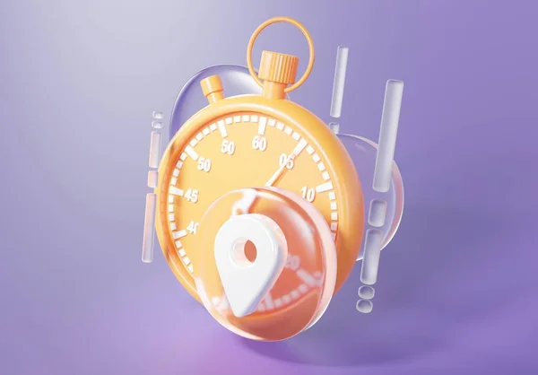 Stopwatch with address icon on isolated purple background with glass elements 3d render