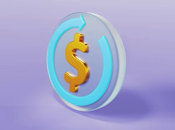 Refund icon with glass elements, golden dollar sign and arrow on an isolated background 3d render