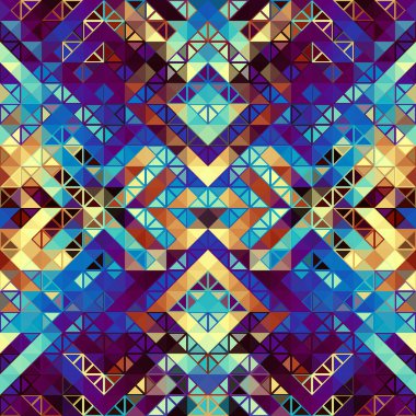 Üçgenlerin kusursuz deseni Aztek soyut düşük polimetrik süslemesi. Spor moda tekstili. Vektör resmi.