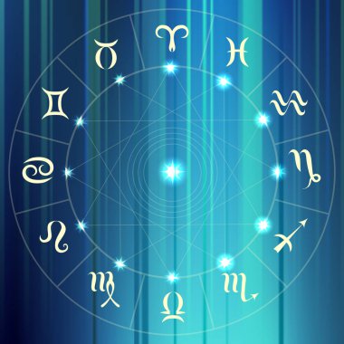 Zodyaklarla çevrili sihirli çember soyut bulanık arkaplanda işaret veriyor. Zodiac çemberi