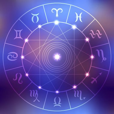 Zodyaklarla çevrili sihirli çember soyut bulanık arkaplanda işaret veriyor. Zodiac çemberi