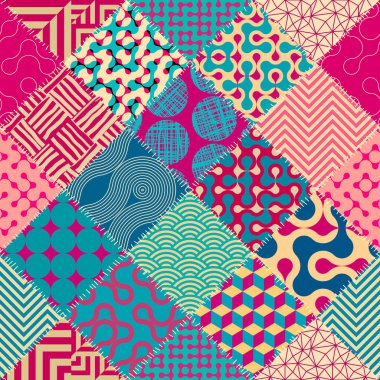 Kusursuz bir arka plan modeli. Tekstil yama kalıbı eski geometrik tarzda. Vektör resmi