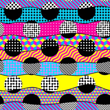 Seamless vector image. Abstract geometric Memphis style pattern. Patchwork style.