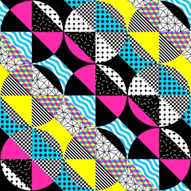 Seamless vector image. Abstract geometric Memphis style pattern. Patchwork style.