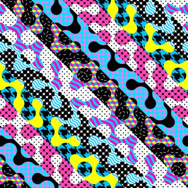 Seamless vector image. Abstract geometric Memphis style pattern. Patchwork style.