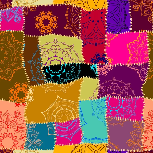 Nahtloses Hintergrundmuster Patchworkmuster Steppmuster Mit Mandala Ornament Vektorbild — Stockvektor