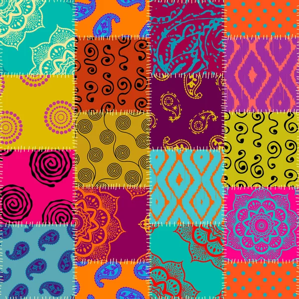 シームレスな幾何学的抽象パターン テキスタイルパッチワークパターン ベクトル画像 明るい部族のパッチワーク — ストックベクタ