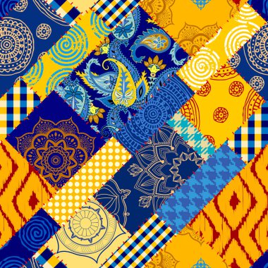 Kusursuz bir arka plan modeli. Mavi ve sarı renkli yorgan dizayn yama deseni. Vektör resmi