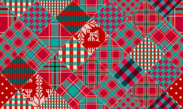 シームレスな背景パターン クリスマスの居心地の良いパッチワークパターン クリスマスレッドプレーンパターン ベクトル画像 — ストックベクタ