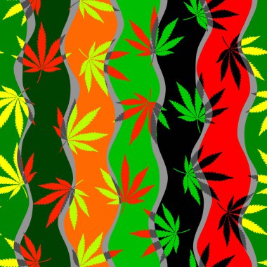 Psikedelik grafik vektör. Marihuana yaratıcı tasarım. Esrar yapraklı reggae arka planı. Tekstil görsel içeriği.