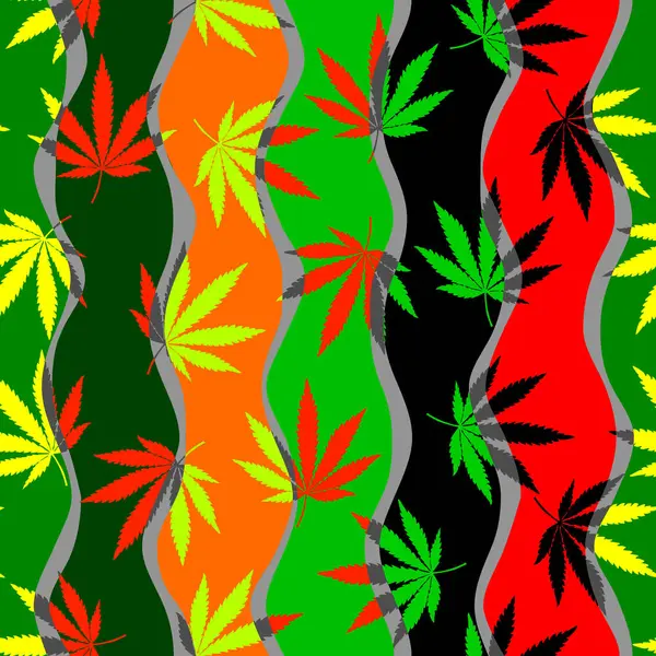 Vector Gráfico Psicodélico Diseño Inspirado Marihuana Fondo Reggae Con Hojas — Vector de stock