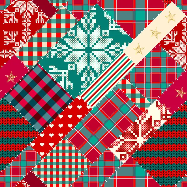 シームレスな背景パターン クリスマスパッチワークパターン ベクトル画像 クリスマス平原 — ストックベクタ